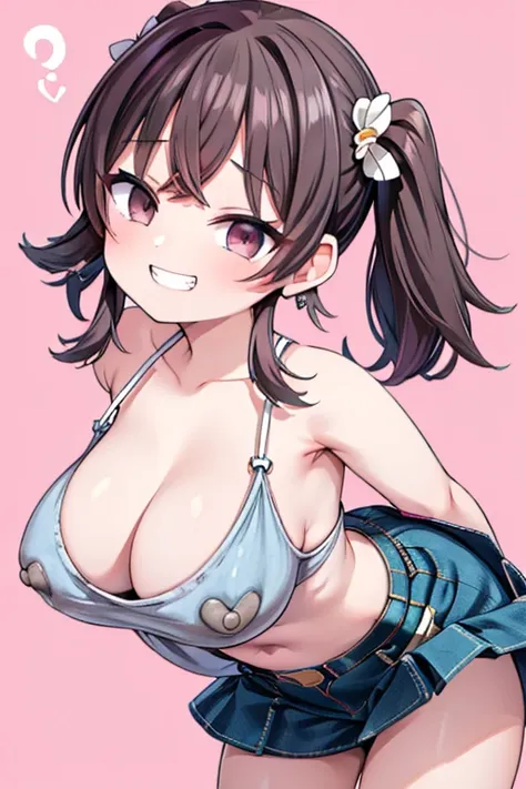 (8K、Highest quality、highest quality、masterpiece)、Detailed face、One girl、 Black Hair、short hair、twintails、blunt bangs、Grey Eyes、evil smile、((Grin))、middle breasts、((White camisole))、((Denim mini skirt))、Cowboy Shot、((bent over))、Back Alley Background、Very l...