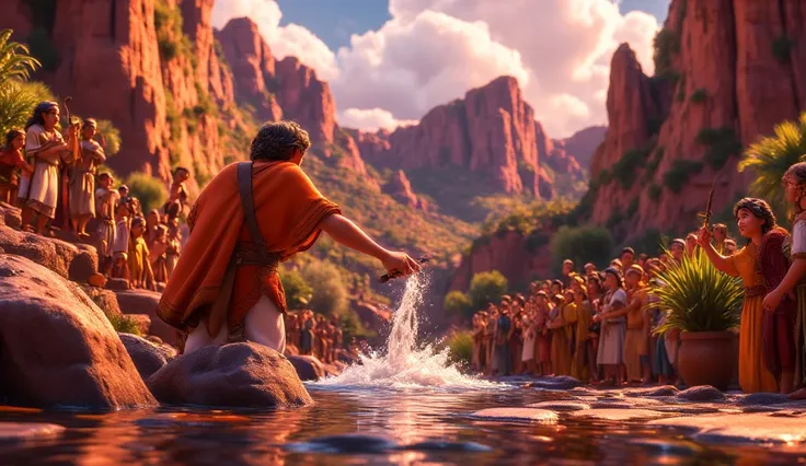 Cinematic realistic style, 4Cinematic realistic style, 4K, Disney Pixar Style, cartoon. Moses striking a large rock with his staff as a miraculous stream of water gushes out, surrounded by relieved Israelites. —ar 16:9K, Disney Pixar Style, cartoon. A parc...