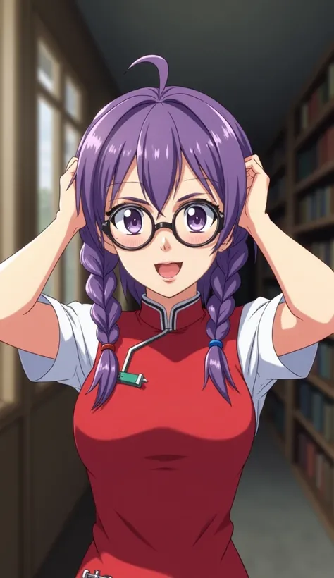 Kohran Li from Sakura Wars is a young woman with light freckles and purple hair that is usually braided into two pigtails. smug look on her face. She wears large round glasses.  hands behind her head. wears a red cheongsam dress, anime style. library setti...