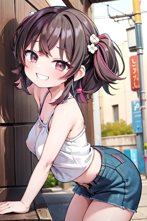 (8K、Highest quality、highest quality、masterpiece)、Detailed face、One girl、 Black Hair、short hair、twintails、blunt bangs、Grey Eyes、evil smile、((Grin))、middle breasts、((White camisole))、((Denim mini skirt))、Cowboy Shot、((bent over))、Back Alley Background、Very l...