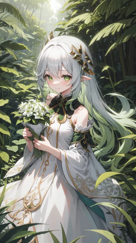 magical、 looking at the camera 、A smile、 Long fluffy green hair、hair in the wind、Colossal 、neckline、 White princess dresses 、Courtesy、 in the woods、Lots of overgrown plants 、