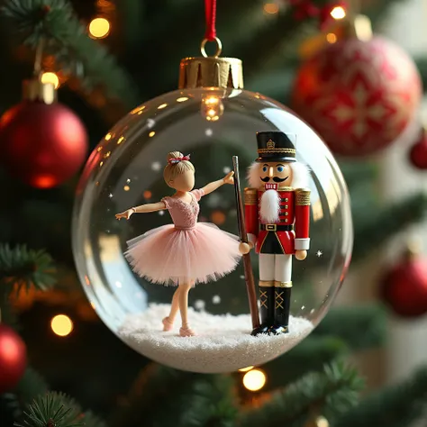 a translucent Christmas bauble suspended from a rich decorated Christmas tree. Inside the bauble is a young white prima ballerina in a tutu and pale pink leotard performing a dance position and, next to her, is an elderly bearded nutcracker resembling a wo...