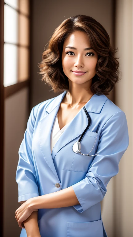 (a masterpiece portrait of a woman with ultra detailed features, in 8K resolution, with crisp quality and vibrant colors)、 sharp focus 、 focusing on her upper body、Female doctor、Standing in the examination room、 one woman、 Japanese、30 years old、 brown eyes...