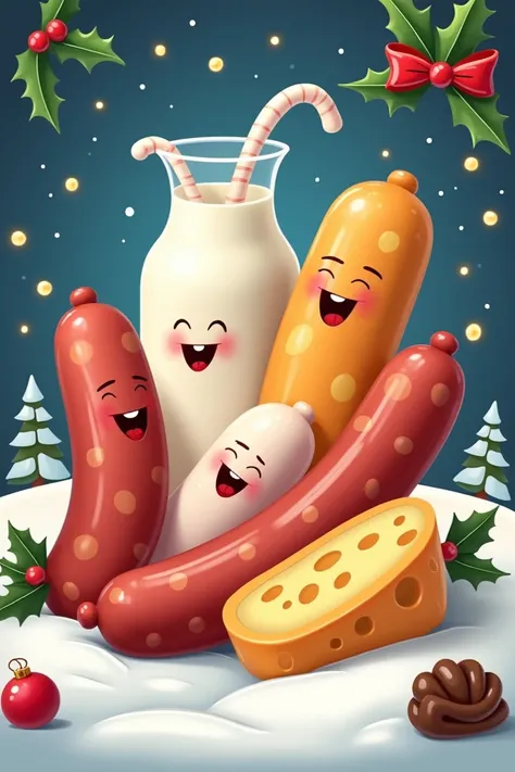 Create a logo. Of sausages and dairy products Dylan 
With Christmas background