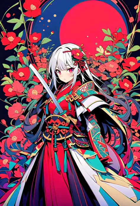 {worst quality, low-quality}, A vibrant and colorful illustration of an anime-style female samurai character with white hair, holding her sword in front of her face. She wears a traditional Japanese costume decorated with camellia, ((red full moon and came...