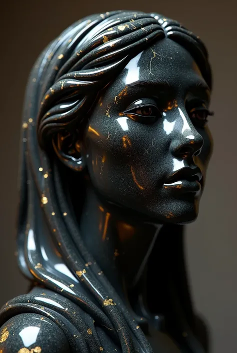 detailed marble black statue, cracked marble sculptures with gold details ,long hair, exquisite, minimalist,(best quality,4k,8k,highres,masterpiece:1.2),ultra-detailed,(realistic,photorealistic,photo-realistic:1.37),HDR,UHD,studio lighting,ultra-fine sculp...