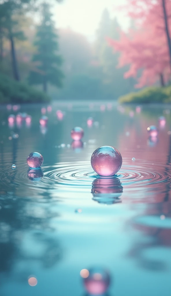 A realistic background with pink bubbles and water droplets.