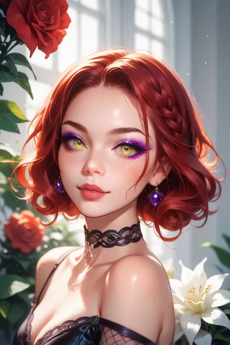 A highly detailed digital painting of a young woman with dark red hair, styled sleek and straight, wearing a choker with X-shaped designs. She has large, expressive yellow eyes and a soft Purple eyeliner , warm complexion. Her outfit is a modern black top ...