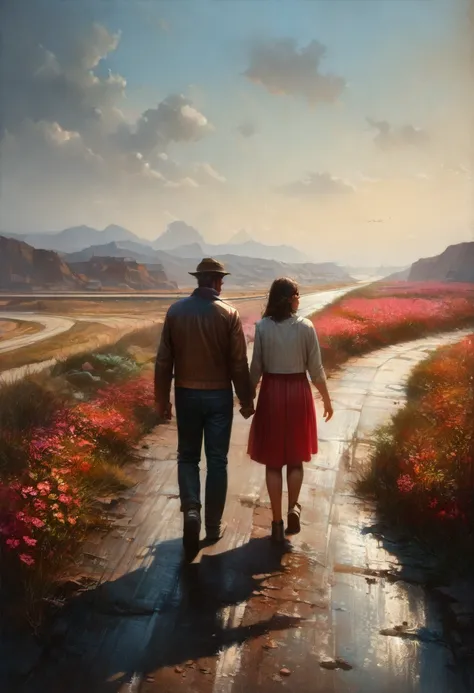 A couple walking hand in hand along a flowery road on a beautiful day, with their backs to the camera, like horizon the sea in the distance, detailed realistic lighting, dynamic composition, cinematic, vibrant colors, dramatic mood, (best quality, 4k, 8k ,...