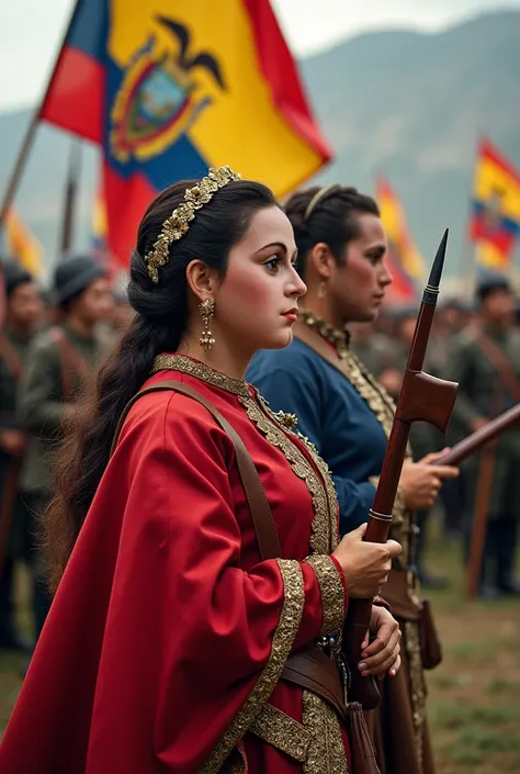 horizontal image, Manuela Sáenz and Manuela Cañizares in the Colonial era ,  with the flag of Ecuador and surrounded by the soldiers of the First Cry of Independence and the Battle of Pichincha. in horizontal format, POWERPOINT SLIDE SIZE. 