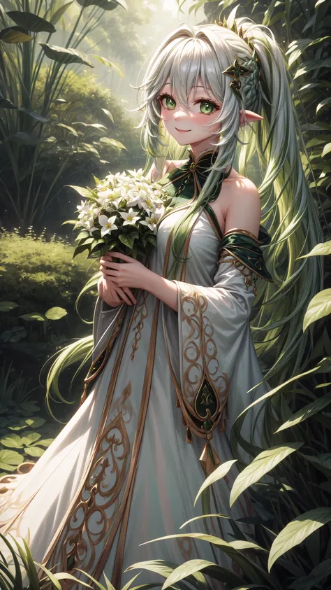 magical、 looking at the camera 、A smile、 Long fluffy green hair、hair in the wind、Colossal 、neckline、 White princess dresses 、Courtesy、 in the woods、Lots of overgrown plants ,rukkhadevata 