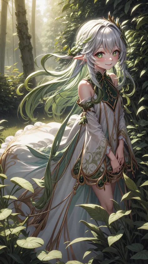 magical、 looking at the camera 、A smile、 Long fluffy green hair、hair in the wind、Colossal 、neckline、 White princess dresses 、Courtesy、 in the woods、Lots of overgrown plants ,rukkhadevata 