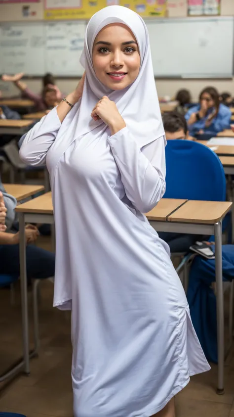 1girl, white silky dress, wearing short blue hijab, blue skirt, long sleeve, classroom background, beautiful, pretty, blushing, flawless, best quality, masterpiece, ultra high res, (photorealistic:1.4), raw photo, (large breasts,full body:1.2), ((closed cl...