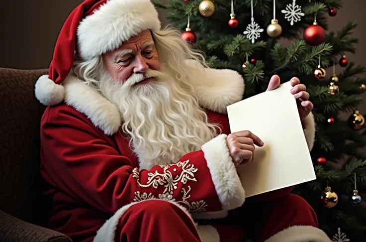 Scene 2:
Shot: Close-up over Santa’s shoulder as he holds a blank white sheet of paper.
Action: Santa reads the paper thoughtfully.
Duration: 6 seconds.