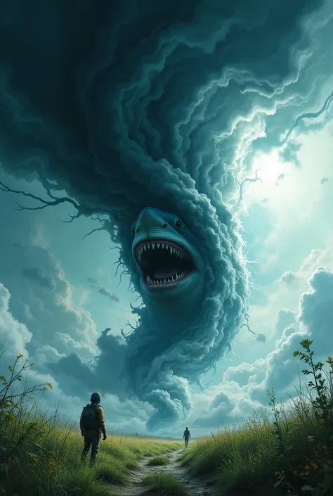 (UHD, masterpiece, super detail, high details, best quality,  highres icon, 8k), Huge tornado:1.3, Giant shark,  getting caught in a tornado , Terrible Teeth BREAK Tornado , There is thunder, Japanese long, slender white daikon dancing in the air, field,  ...