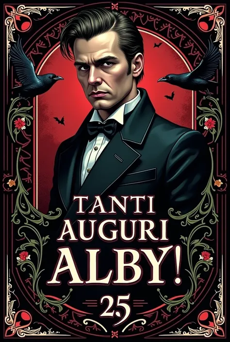 Create a label for a gin bottle for a birthday guy with 25 years old with the text "Tanti auguri Alby!" Adding decorations on this label to make it looks like gothic