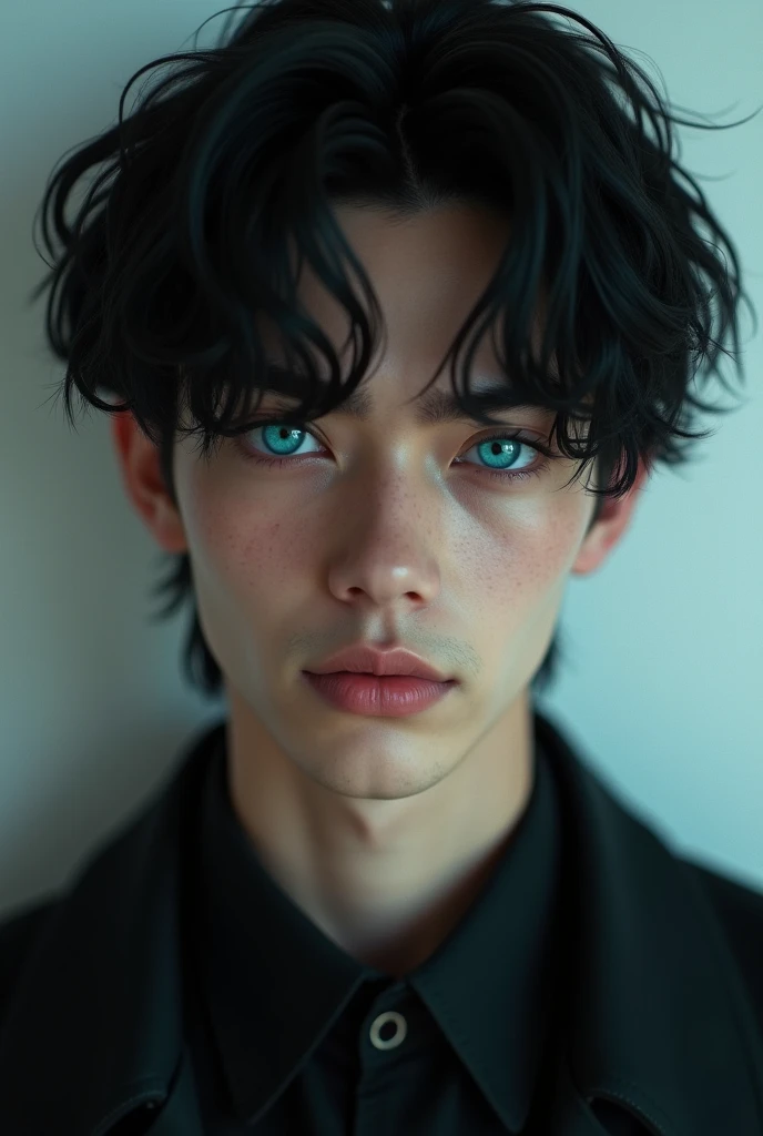  20 year old boy,  semi-long black hair with electronic blue eyes. mysterious aura, strong and sensitive .  maximum realism  