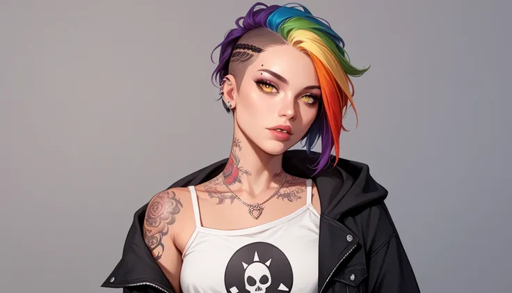 lips, thin lips, parted lips, solo, looking at viewer, camisole, upper body, dark, underlightling, masterpiece, best quality, very aesthetic,

rihanna, The most beautiful and sexy punk rock girl, rainbow hair, yellow eyes, dark skin, wear a hoodie, Graphic...