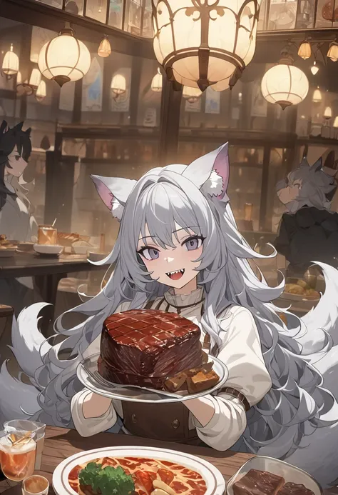 Woman eating large amount of steak　(one girl,　Felpurr,　170 cm　Age 19　tail　 Beast Ears　Grey Hair　 long hair 　 wild hair 　 dark eyes　Warrior　brown leather armor　Double teeth　 Bold Exposure)　Medieval diner 　 fantasy world 　anime style,　game CG,　pixiv contest ...