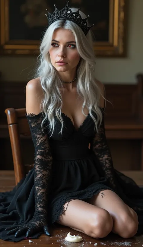 Queen, arrogant, tsundere, black knee-high wedding dress, black high heels, black wedding headband, silver hair, red eyes, girlish, lace gloves, torn clothes, mockery, full body, lies on the table, black crown, earrings, rings, cream on the body scattered