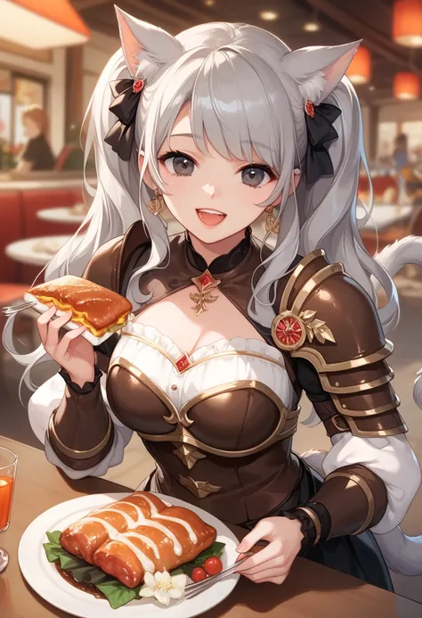 Woman eating large amount of steak　(one girl,　Felpurr,　170 cm　Age 19　tail　 Beast Ears　Grey Hair　 long hair 　 wild hair 　 dark eyes　Warrior　brown leather armor　Double teeth　 Bold Exposure)　Medieval diner 　 fantasy world 　anime style,　game CG,　pixiv contest ...