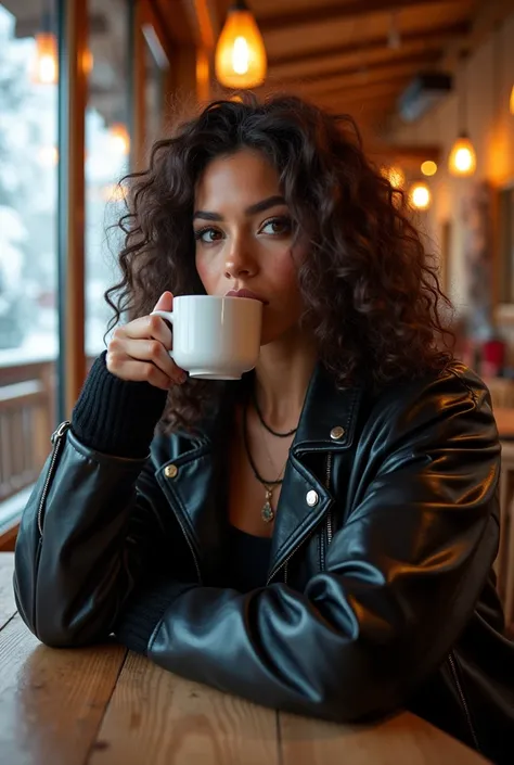 vile vixen look alike, model, social media, jacket, jeans, winter, drinking coffee in ski resort restauraunt, 24y girl, curly, semi-athletic body, european mulatto german
