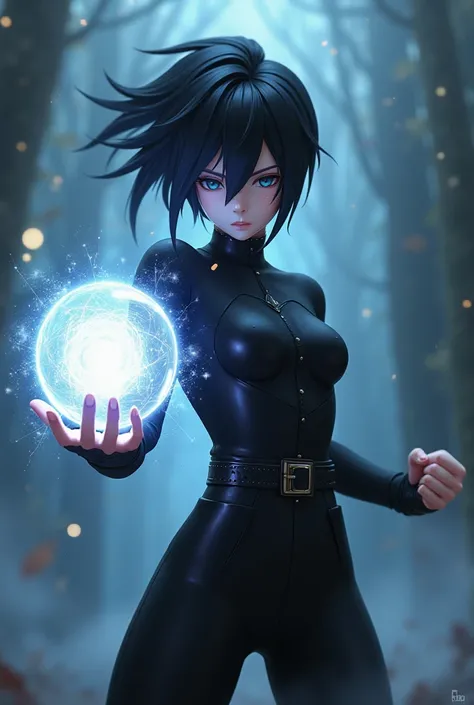 Make a ferçao anime character with black hair cut off the sides with a black outfit and black pants with black eyes holding an energy sphere 