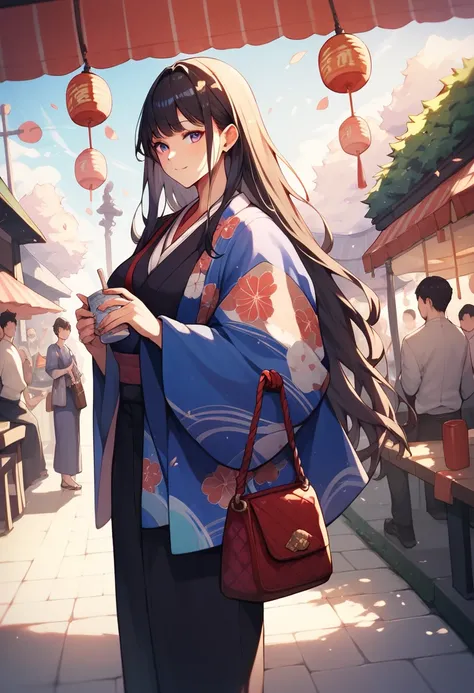 A woman, wearing a kimono, carrying a handbag, long hair, anime facial details, is at a festival. 