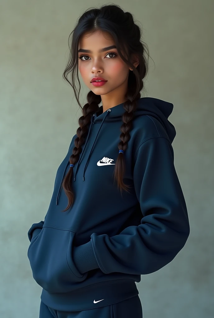 A beautiful slim realistic brunette Indian high school girl with a braid she is wearing a navy blue Nike hoodie with a small white woven logo with Nike writing on the right and matching Nike navy pants with a small white woven logo with Nike writing on the...