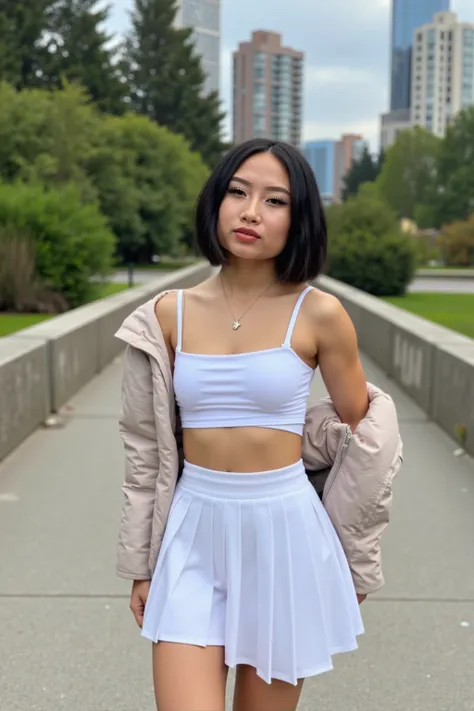 Xiang. The image is a high-resolution photograph featuring a young Asian woman standing outdoors in an urban park setting. She is positioned on a concrete pathway with a vibrant, full lips, puffy winter jacket and a white skirt, and a pleated, sleeveless c...