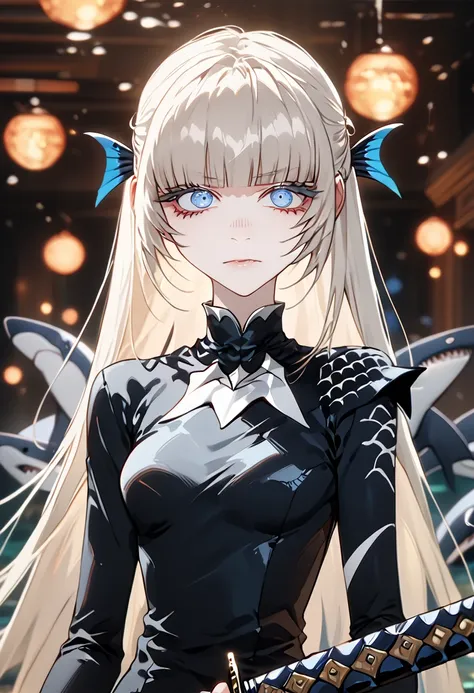 Anime style, 1 girl, 1 sexy girl, white pale skinned girl, porcelain skin, blue eyes, (HAIR: light blonde straight cut, long length, full bangs covering eyebrows, side framing fringe, extra long hair ) (BODY: half shark girl, neck gills, arm fins, dorsal s...