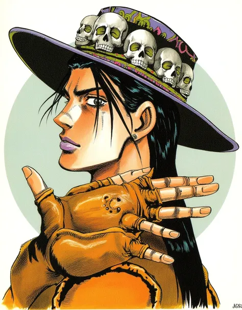 In a strikingly intricate traditional art style reminiscent of Hirohiko Araki, 
Portrait of a stoic frontier tracker in 1890s America: Hair pulled back normally except for a section that splits into three thin strands that hang over right temple
Small dark...