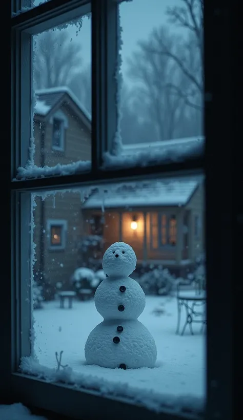 " A night view from the window of a house .  The snowman is in the garden ,  but it seems that its buttons are aligned facing the window. There is a faint air of mystery ."