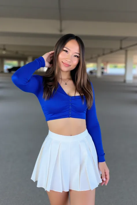 Wasian girl, Xiang. The image is a high-resolution photograph featuring a young woman standing in an indoor parking garage. She is of East Asian descent, with long, straight, dark brown hair cascading over her shoulders. She has a fair complexion and a sle...