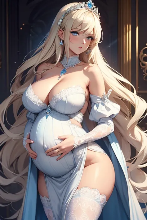 8k, masterpiece, very realistic, Full body, Sexy pregnant princess, very slim waist, big thighs, elaborate detailed tight beautiful white off shoulder dress, long straight flowing blonde hair, elaborate detailed patterned white stockings, cleavage, pregnan...