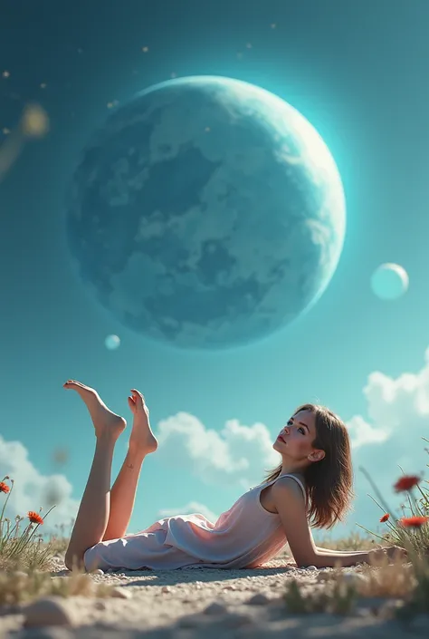 change character in this image so that she is lying on her belly with her legs up in the air, behind her is unknown blueish planet