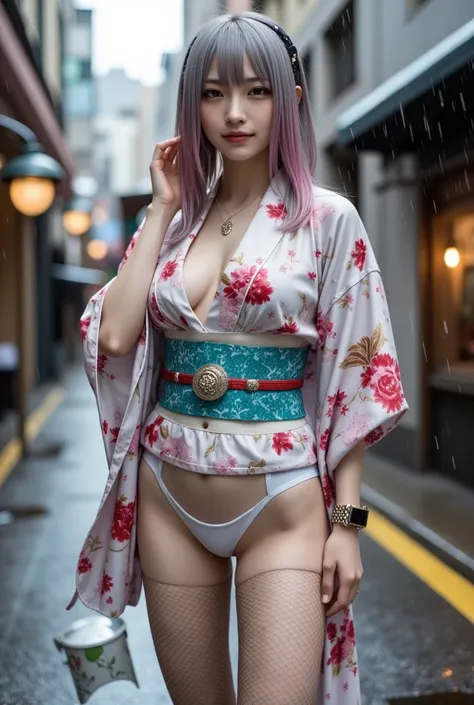 １ women、((A woman wearing a kimono is walking through the city where it rained))、(( cleavage、whole body姿、 Angle from below))extreme realism:1.21, (8k,realistic,raw photo,highest quality:1.4),High resolution photos:1.21, High-quality photos:1.21, High photo...