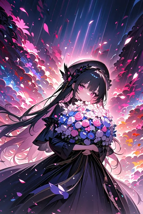 1girl,,face not visible,black Gothic dress,black hat,white bouquet,(holding white bouquet),standing,front,(black petals flying in profusion),Rain of petals,many petals,innumerable petals,petals floating in the air,Art Deco,Color Field painting,rococo style...