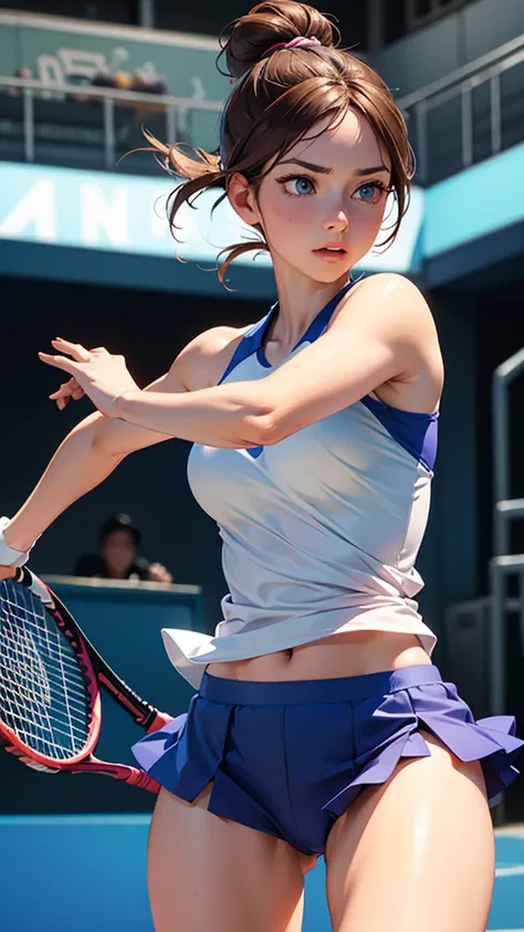 A beautiful woman in her mid-twenties、long, Buns with brown hair all together . She is big, Blue eyes and delicate face , With a confident and dominant look. She is playing tennis、A dynamic pose, Hit the ball hard. A tennis court is depicted in the backgro...