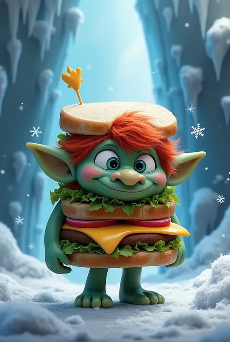 Create an image of a troll dressed as a sandwich splashed in the movie Frozen