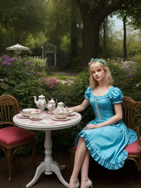 (hyper realism: 1.3), Scene from "Alice in Wonderland": In an enchanted garden, with trees with vibrant leaves and giant flowers that seem to dance in the wind, a tea table is set with mismatched china and a brightly colored cake. Alice, a young woman with...