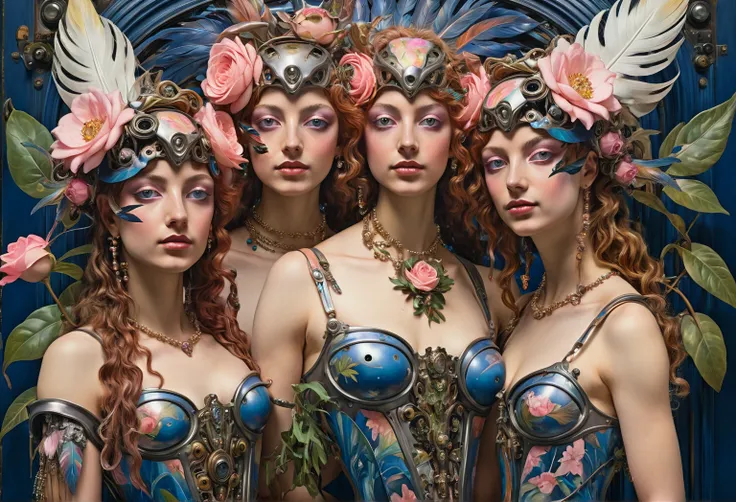 In the cyber Renaissance style, ((old and faded paint)), ((oil painting of Botticelli)), ((cyborgs are the three graces)), (3girls:2.0 (twins, navel cutout, clothing cutout, hair flower ornament, necklace, translucid eyes, animal on head, realistic bird on...