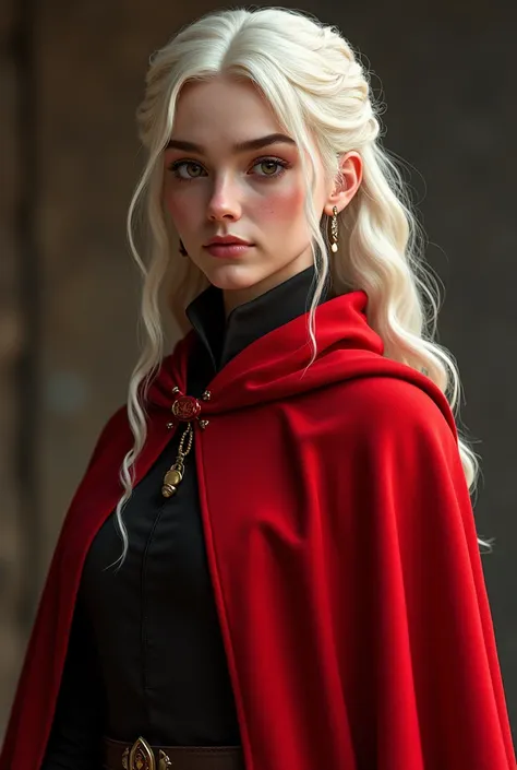 targaryen aged 20-30 with platinum blonde hair, , a little chubby face, red cape, no beard