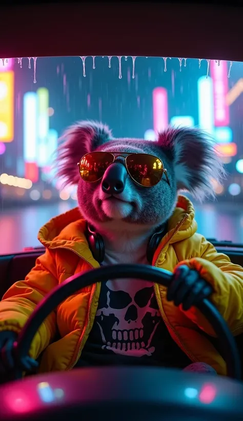 Generate a hyper-realistic image of an anthropomorphic koala wearing a yellow jacket with a black skull design, wearing headphones, wearing aviator sunglasses with red mirrored lenses, and wearing silver ear hoops, sitting in the driver’s seat of a car at ...