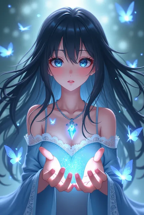  anime girl ,  black hair,  blue eyes, Shine拳,  Necklace with a Stone Pendant  (Also、Shine ),  Drops of Water in the Background  、 There are many beautiful, shining seven-colored butterflies fluttering under the girls belly。