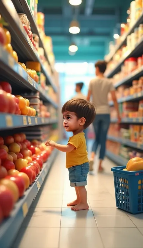 A curious  boy walks into a bustling supermarket, wearing only simple blue-and-white shorts. His tiny, bare feet patter softly on the cool, tiled floor as his wide eyes scan the towering shelves filled with colorful products. Shoppers move around him with ...