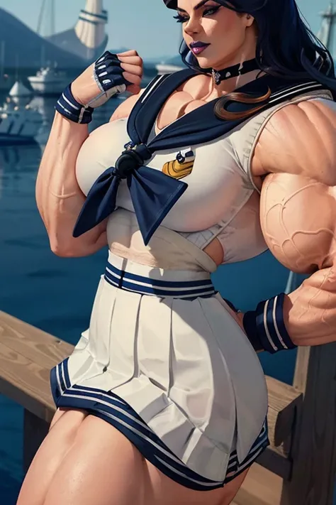 ((Close-up)), tall, (royal blue hair) beautiful muscular woman, long curly wavy hair, white skinned, (smirking), large breast, (black lipstick), (massive muscles), (hyper muscle), ((ginormous bulky muscles)), white eyes, (((((sailor suit with skirt))))), (...