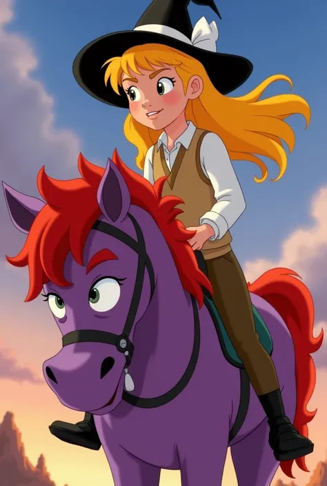 "An animated scene featuring a young blonde girl with long hair, wearing a black hat with a white ribbon, a beige vest, and a white shirt, riding a mystical horse. The horse is purple with a fiery red mane, large expressive eyes, and a serious demeanor. Th...