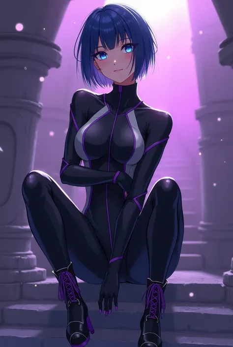 anime,  very beautiful woman, dark blue short hair , Very bright blue eyes,  black aerodynamic suit with gray and purple synthetic details, long boots with high heels color black with purple laces ,  stone walls ,  purple smoke, fireflies.