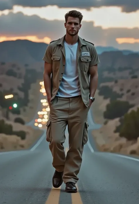  engraved image of a man walking down a road wearing an open earth-brown shirt,  white sweatshirt, Baggy pants with lots of pockets in light earth tones, Hands in pants pockets, Stylish self-confident , desert landscape, summer, sunset, A digital represent...